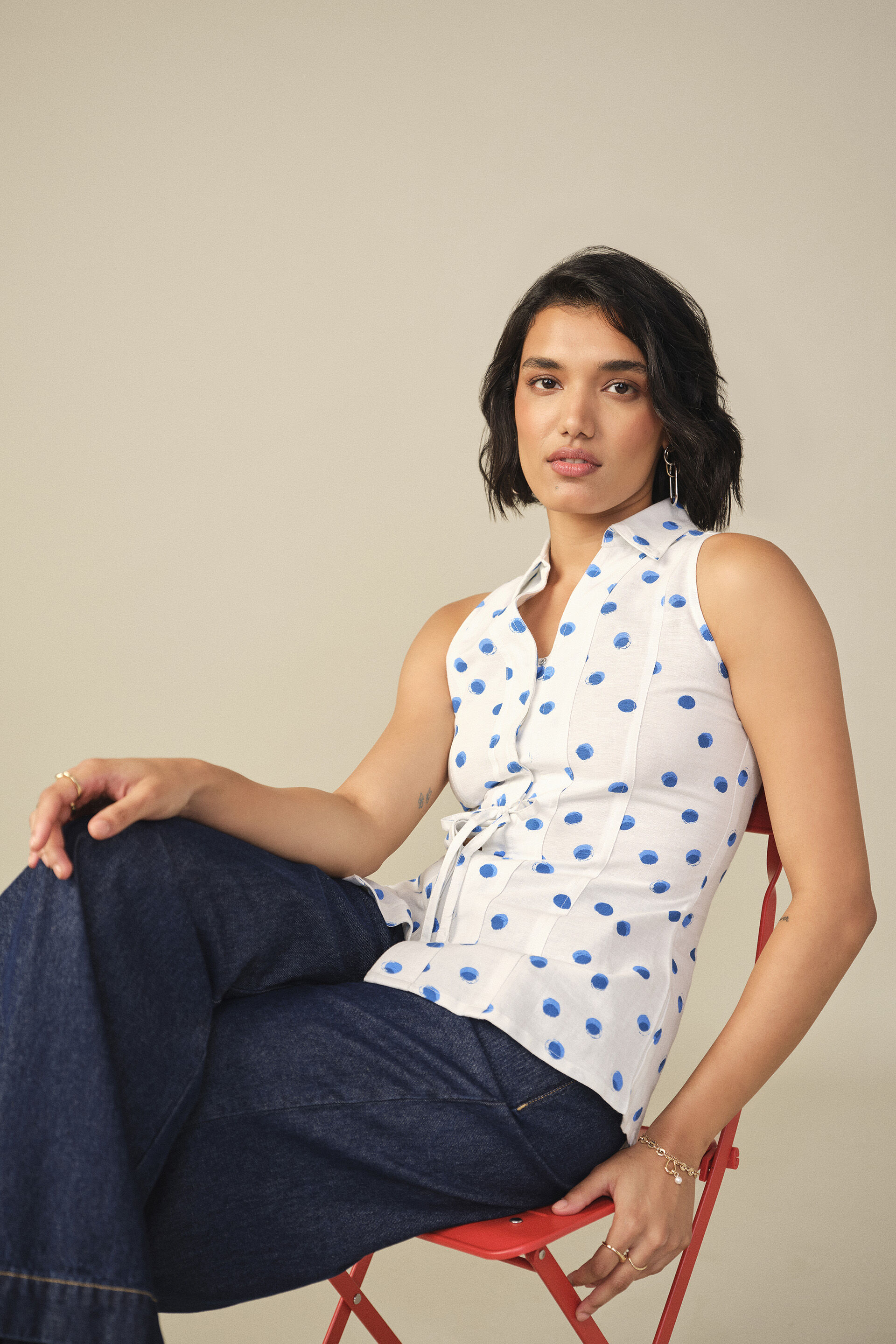 Polka Tapered Top in White, White, image 2